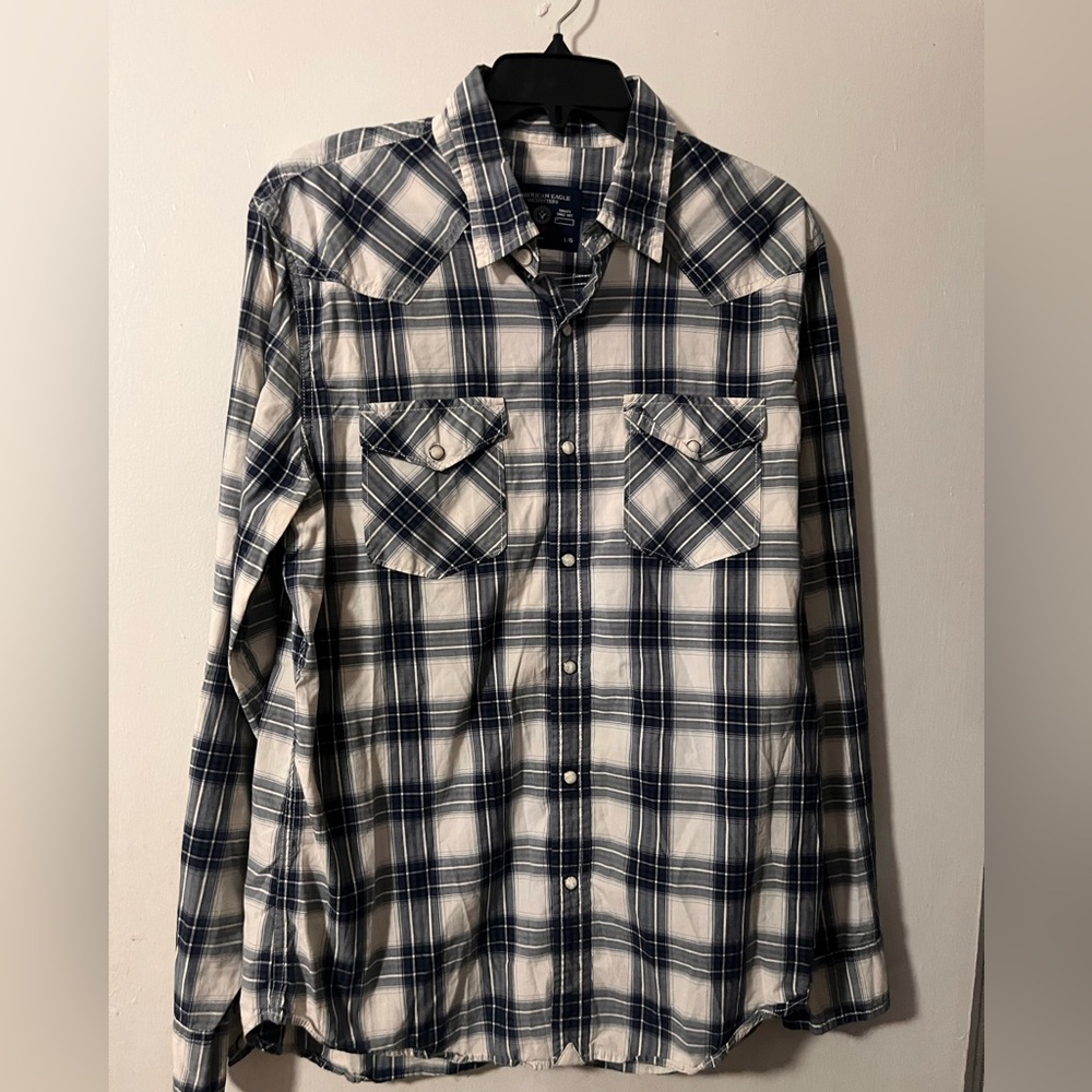 American Eagle pearl snap shirt Large Blue Plaid Brush Popper Long Sleeve Shirt